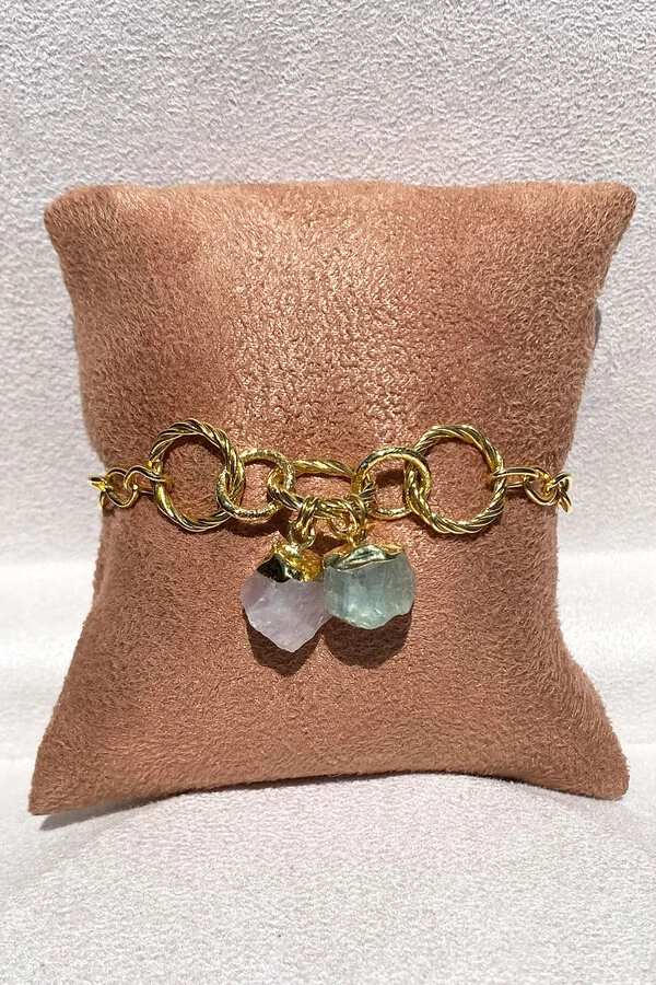 Pulseira Elos Pedra Natural Quartzo Rosa e Ágata Verde Ouro 18k