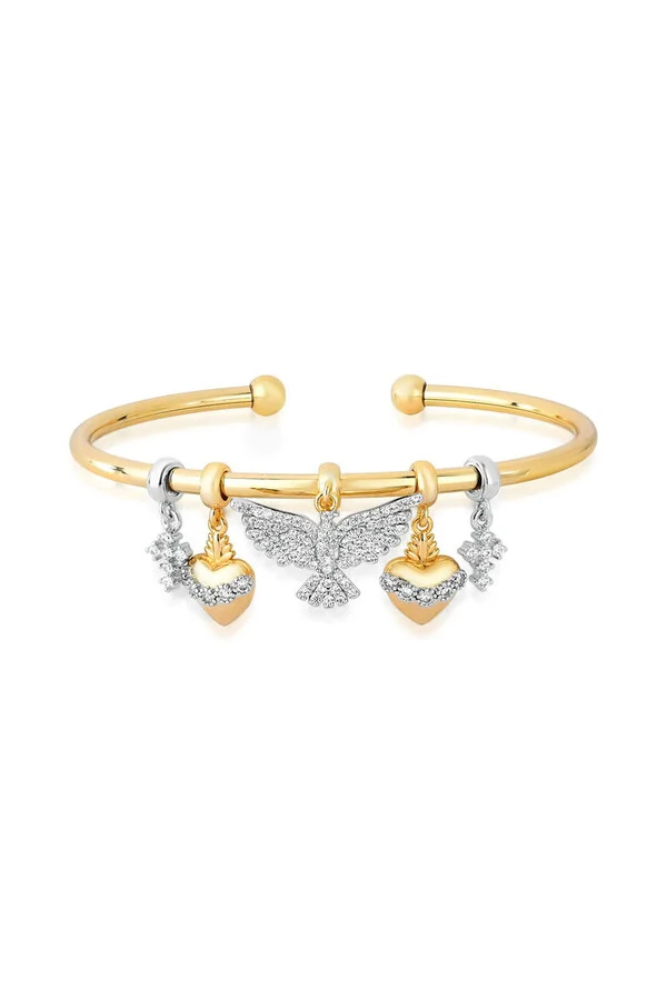 Bracelete Espírito Santo e Sagrado Coração Zircônias Ouro 18k
