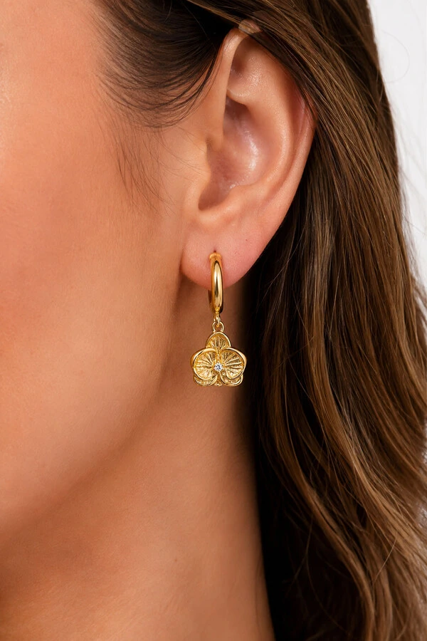 Brinco Argolinha Pingente Orquídea Ouro 18k