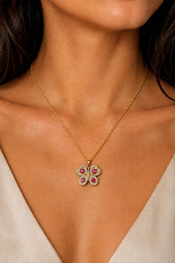 Colar Pingente Borboleta Zircônias Ouro 18k