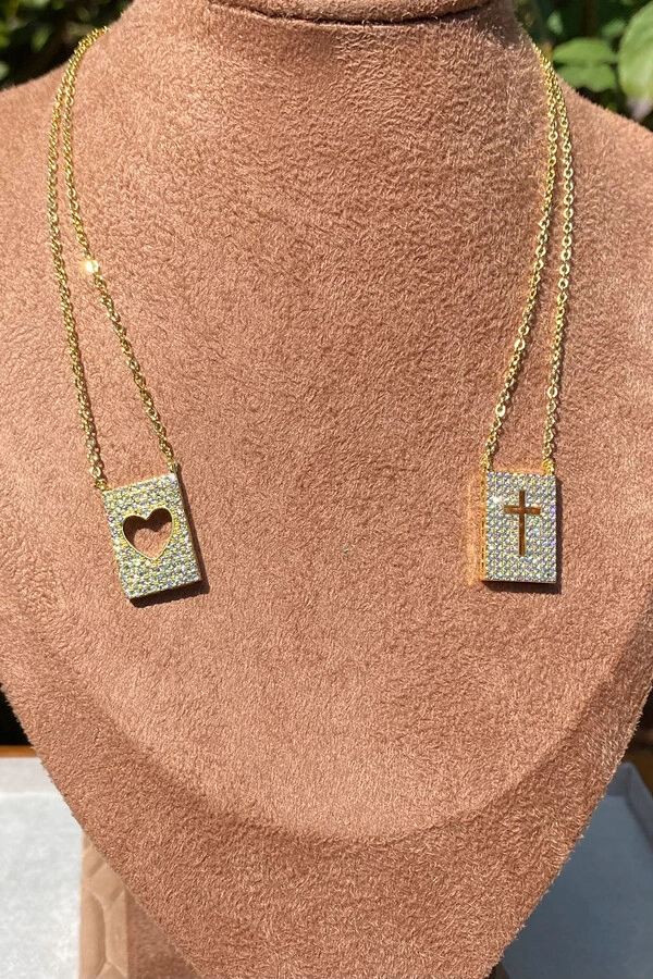 Colar Escapulário Pingentes Cruz e Coração Zircônias Ouro 18k