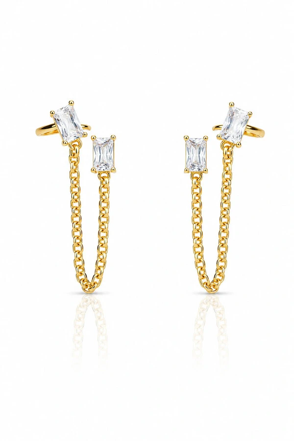 Brinco Earline Retangular Zircônia Ouro 18k