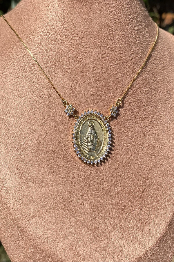 Colar NSra das Graças Zircônias Ouro 18k