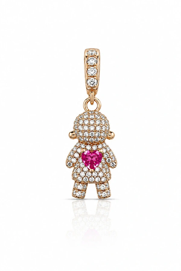 Pingente Menina Coração Pink Ouro 18k