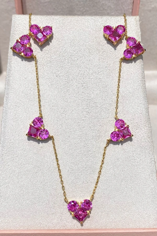 Conjunto Coração Pink Safira Ouro 18k