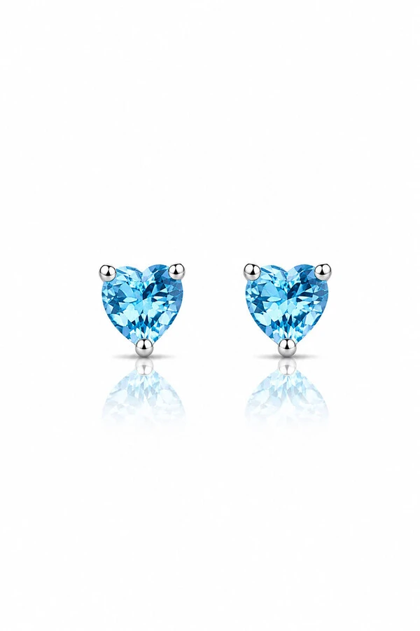 Brinco Ponto luz Coração 6MM Aqua Marine Zircônia Ródio Branco