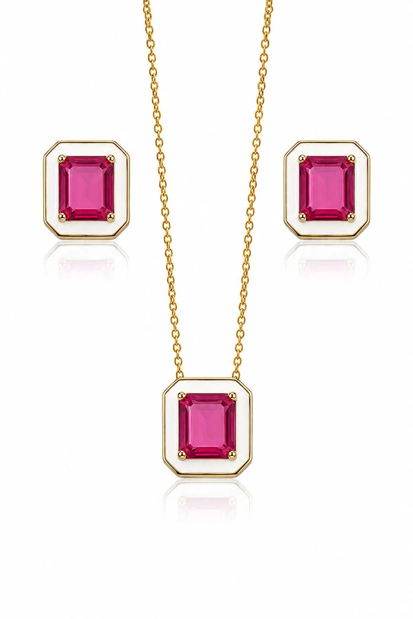 Colar Esmaltado Branco Pedra Pink Fusion Ouro 18k
