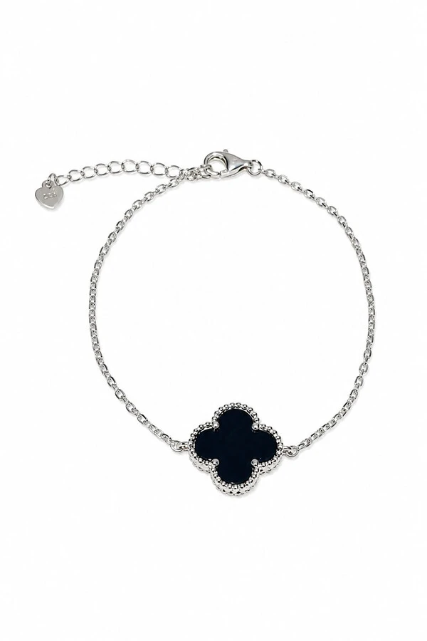 Pulseira Trevo Onix M Prata 925 no Ródio Branco