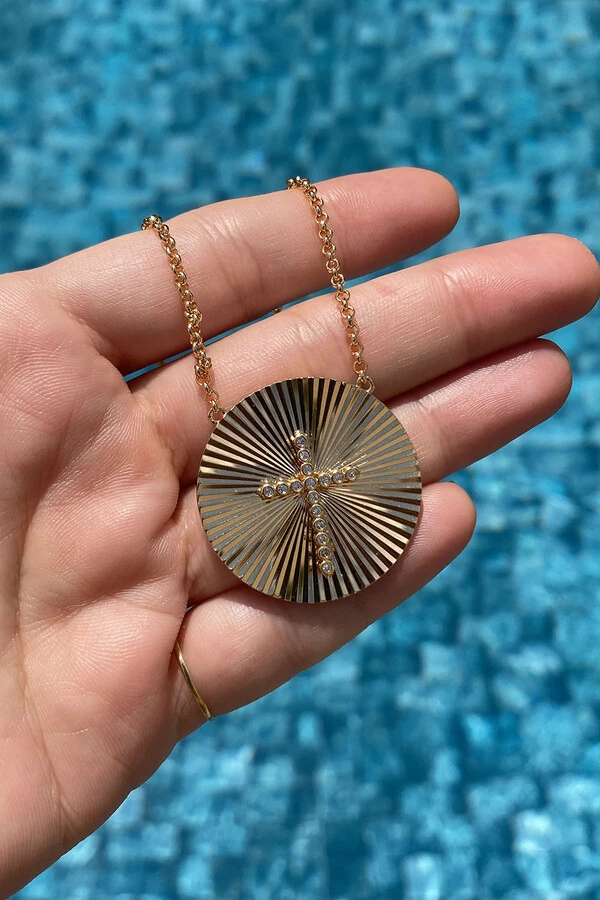 Colar Pingente Cruz Frisos Zircônia Ouro 18k