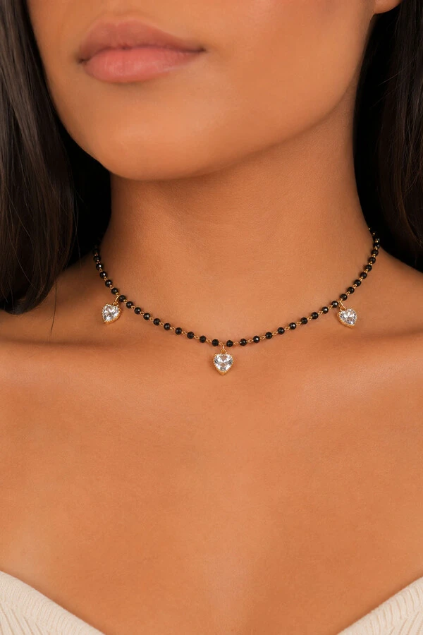 Colar Choker Cristal e 3 Corações Ouro 18k