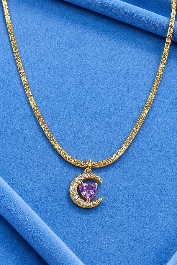 Colar Choker Pingente Lua e Coração Rosa Zircônia