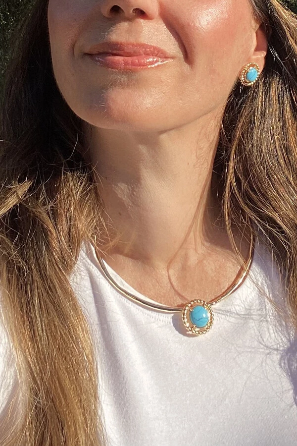 Colar Aro Pingente Turquesa Ouro 18k