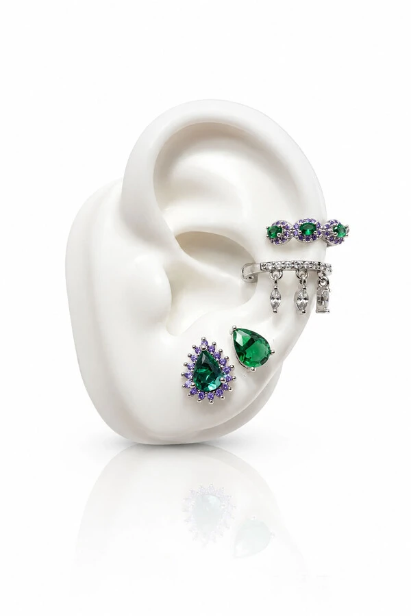 Fake Piercing Fino Zircônias Verde esmeralda e Lavanda Ródio Branco