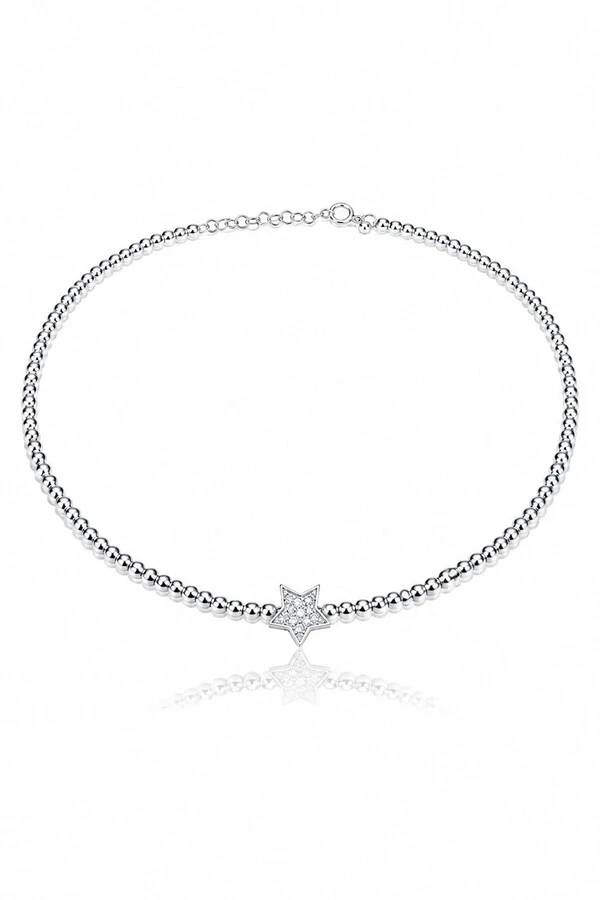 Colar Choker Estrela Zircônias Aro Bolinhas Ródio Branco