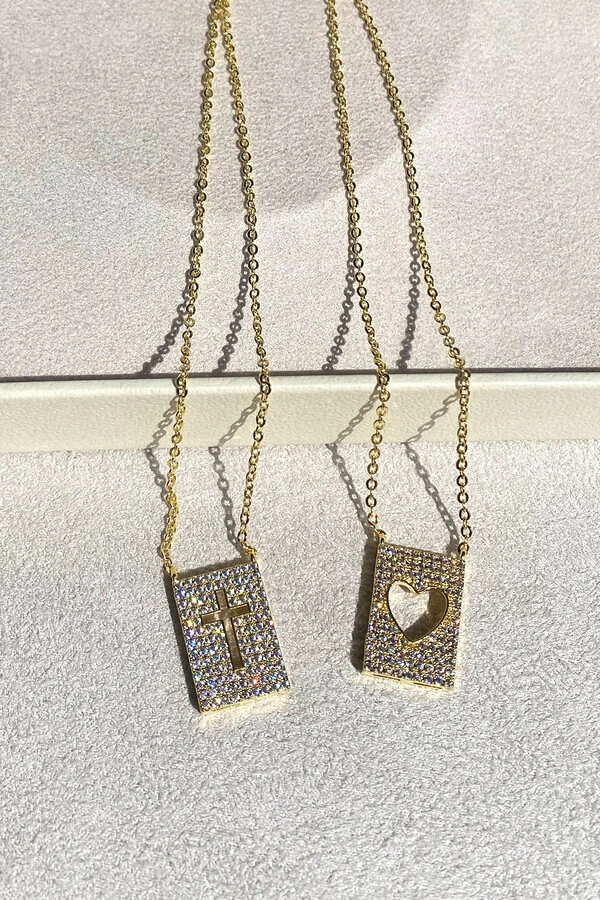 Colar Escapulário Pingentes Cruz e Coração Zircônias Ouro 18k