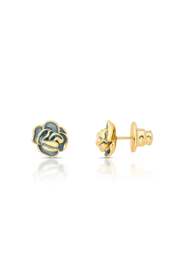 Brinco Rosa Esmalte Azul Banhado no Ouro 18k