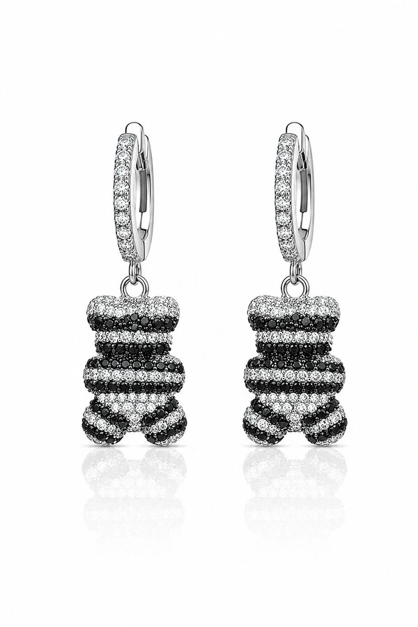 Brinco Argola Urso Tigrado Zircônia Ródio Branco
