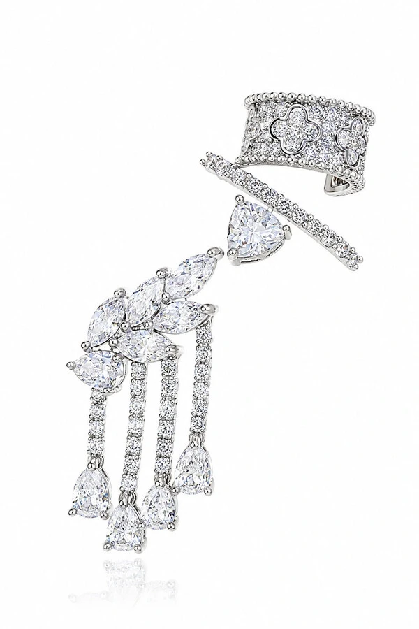 Brinco Earcuff Zircônias Franjas Ródio Branco
