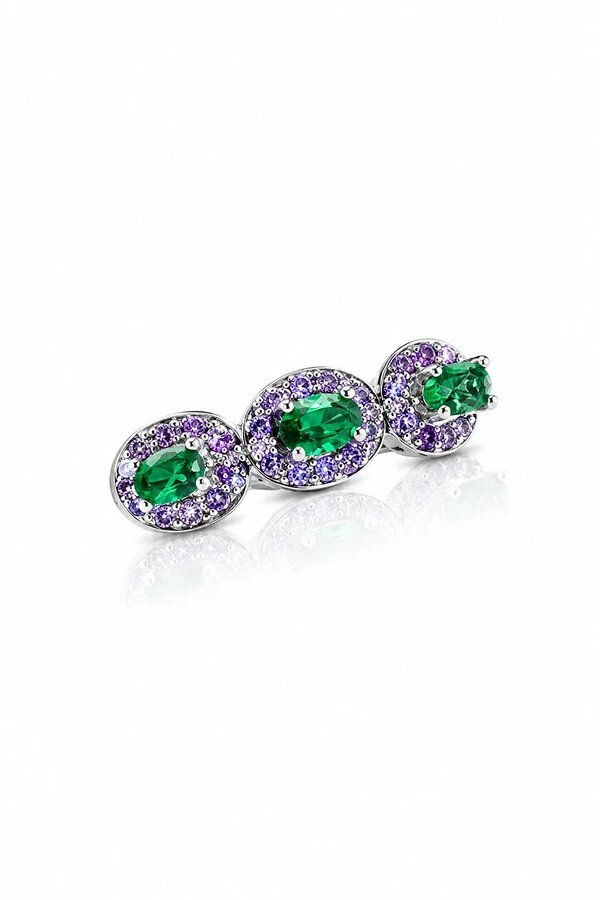 Fake Piercing Fino Zircônias Verde esmeralda e Lavanda Ródio Branco