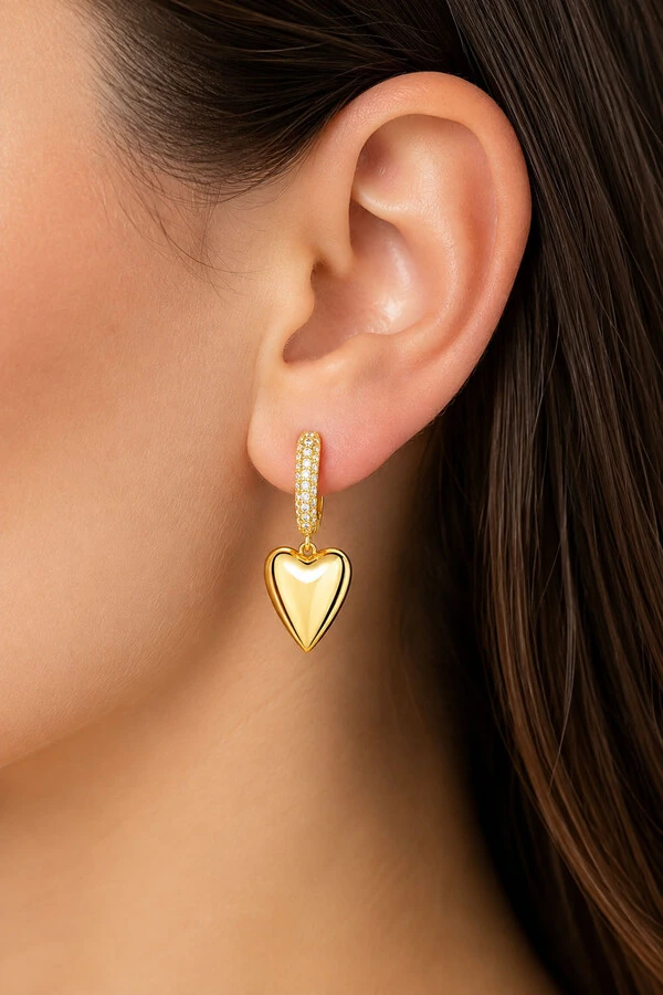 Brinco Argola Coração Zircônias Ouro 18k