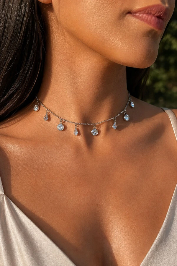 Colar Choker Ponto de Luz Ródio Branco