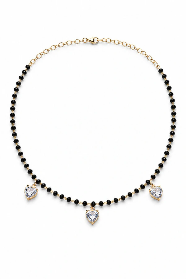 Colar Choker Cristal e 3 Corações Ouro 18k