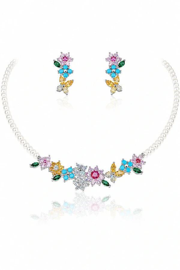 Conjunto Flores e Pérolas Zircônias Ródio Branco