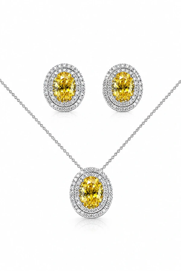 Conjunto Oval Zircônias Yellow Fancy Ródio Branco