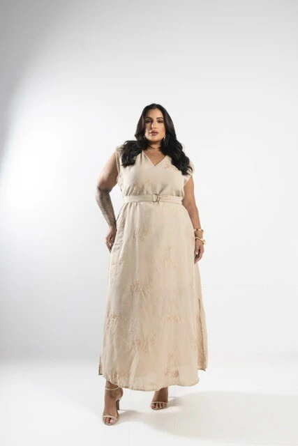 Fotopre venda vestido longo linho bordado alvorada milan