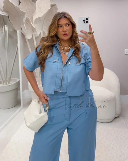 FotoConjunto alfaiataria marrant camisa cropped midi e calca reta eluar provador