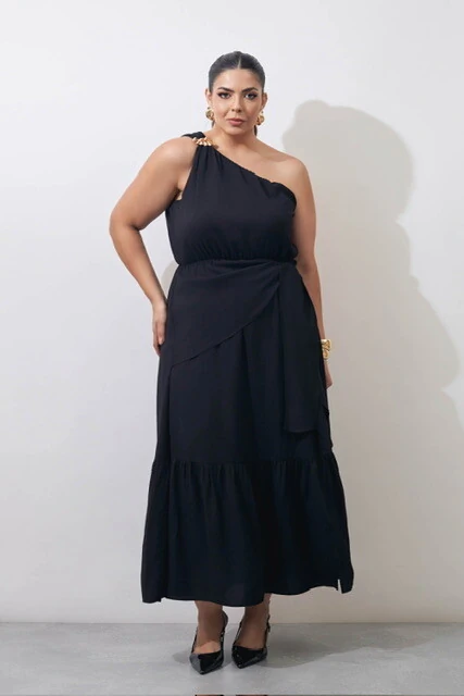 Fotovestido um ombro midi com fivela organica kayla