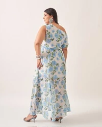 Vestido longo crepe ggt floral assimetrico kayla
