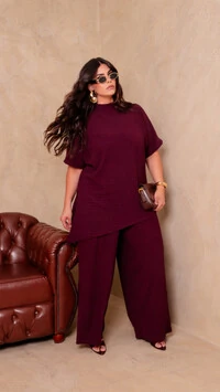 pre venda conjunto texturizado blusa assimetrica fluida e calca solta duas