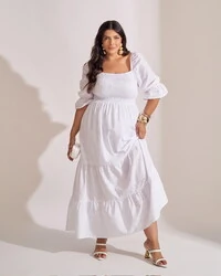 Vestido longo algodao com elastex floresta kayla