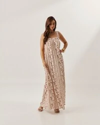 vestido longo regata estampa vertical forrado quebela