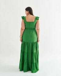 vestido longo com manga babado e cut out abaixo do busto quebela