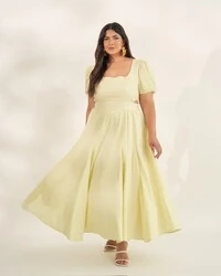 vestido midi evase cut out manga princesa quebela