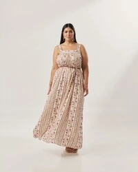 vestido longo regata estampa vertical forrado quebela