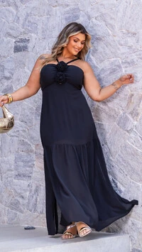 pre venda vestido longo detalhe flor removivel mr fr