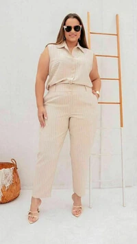 conjunto risca de giz camisa com bolso e calca reta predil