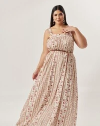 vestido longo regata estampa vertical forrado quebela