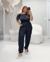 pre venda conjunto em alfaiataria toscana calca aladin e blusa ombro caido bellah