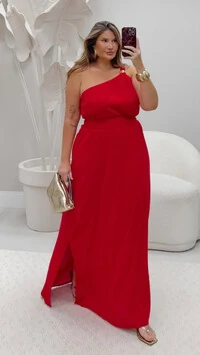 pre venda vestido longo uma alca com fivela dourada fenda lateral e faixa milanjus