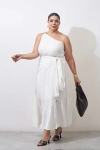 vestido um ombro midi com fivela organica kayla