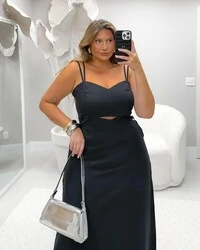 vestido longuette viscose sarjada com cut frontal rosam