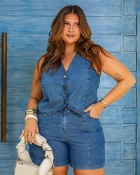 pre venda colete+shorts jeans denim camila mr fr