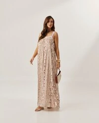 vestido longo regata estampa vertical forrado quebela