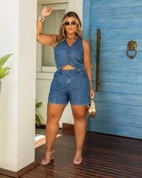 pre venda colete+shorts jeans denim camila mr fr