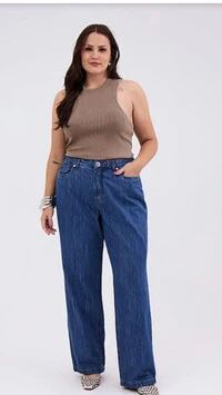 calca jeans reta feminino plus azul medio izzat