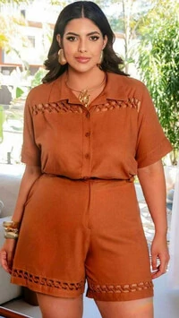 conjunto em linho com renda guipure vazada predil